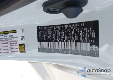 2021 Toyota Corolla Le from USA, damaged, VIN 5YFEPMAE3MP188303